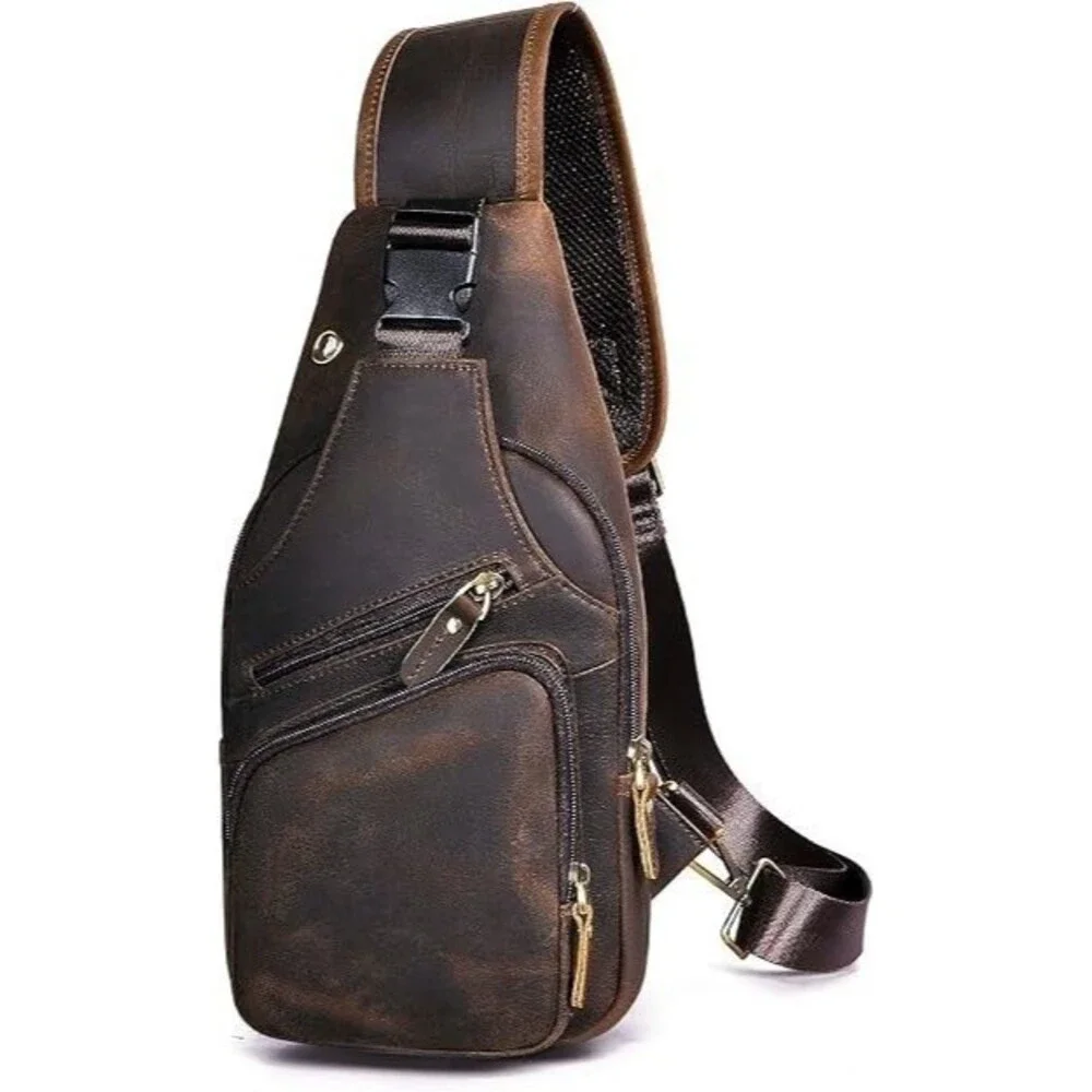Men Fashion Casual Crossbody Chest Sling Bag, Genuine Leather, Dark Brown